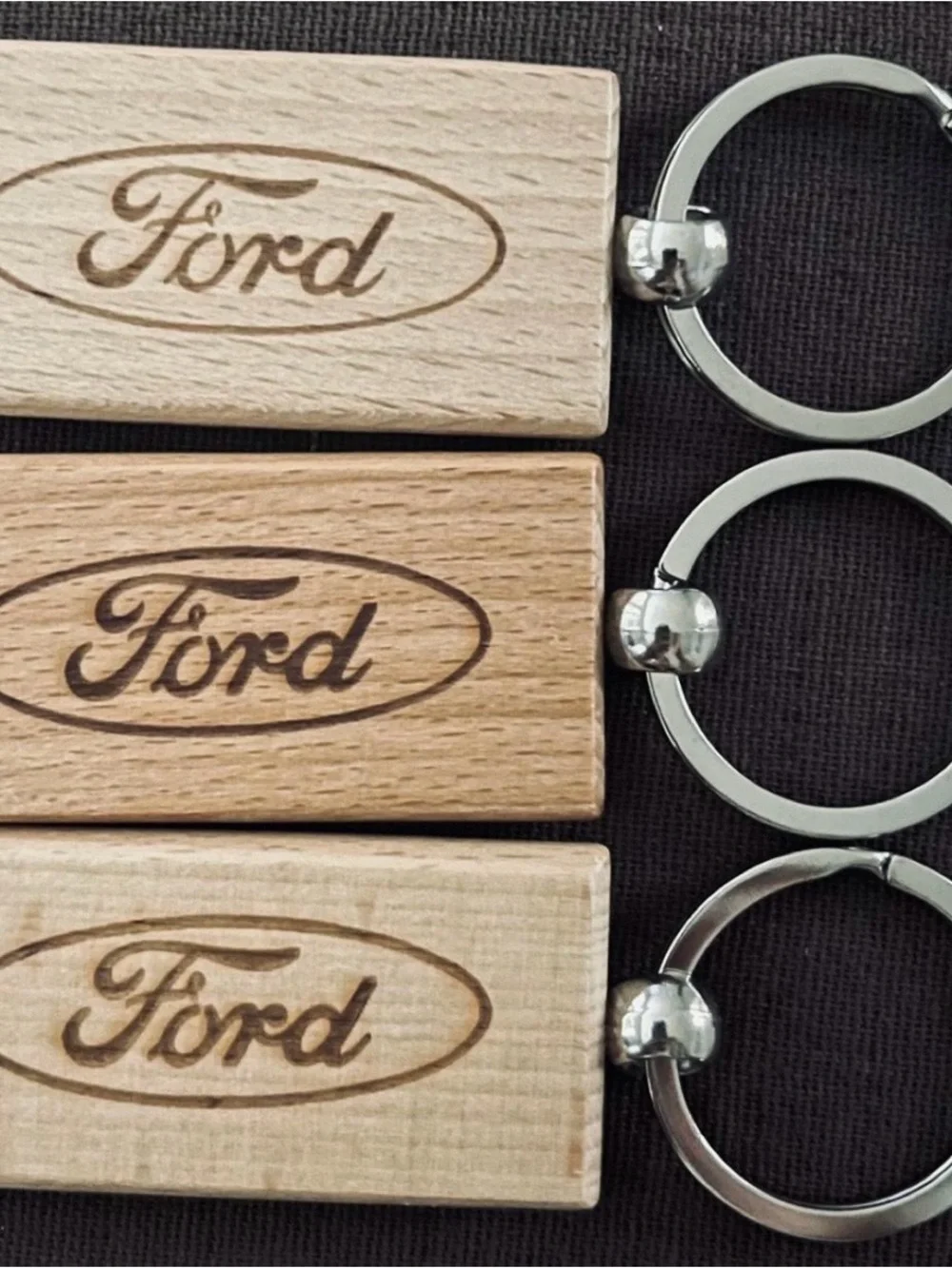 Set of 3 Ford Wooden Key Chains in Natural Wood with Silver Rings